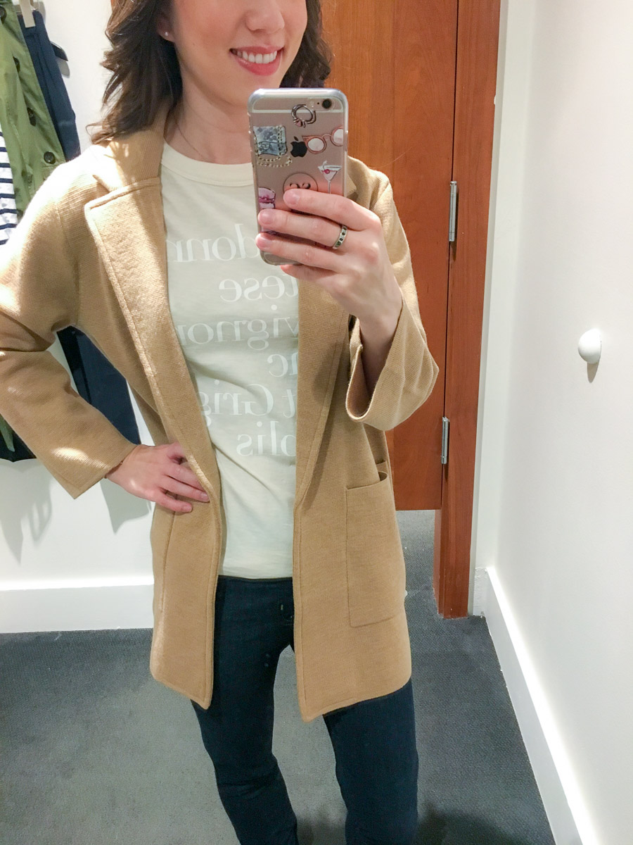 J. Crew Early Spring Collection 2018 review | Twist front sweatshirt | Amour sweatshirt | Open front sweater blazer | camel sweater blazer | burgundy ruffle sleeve dress | Easy pants Martie pants | petite fashion and style blog | cape scarf | chardonnay graphic tee