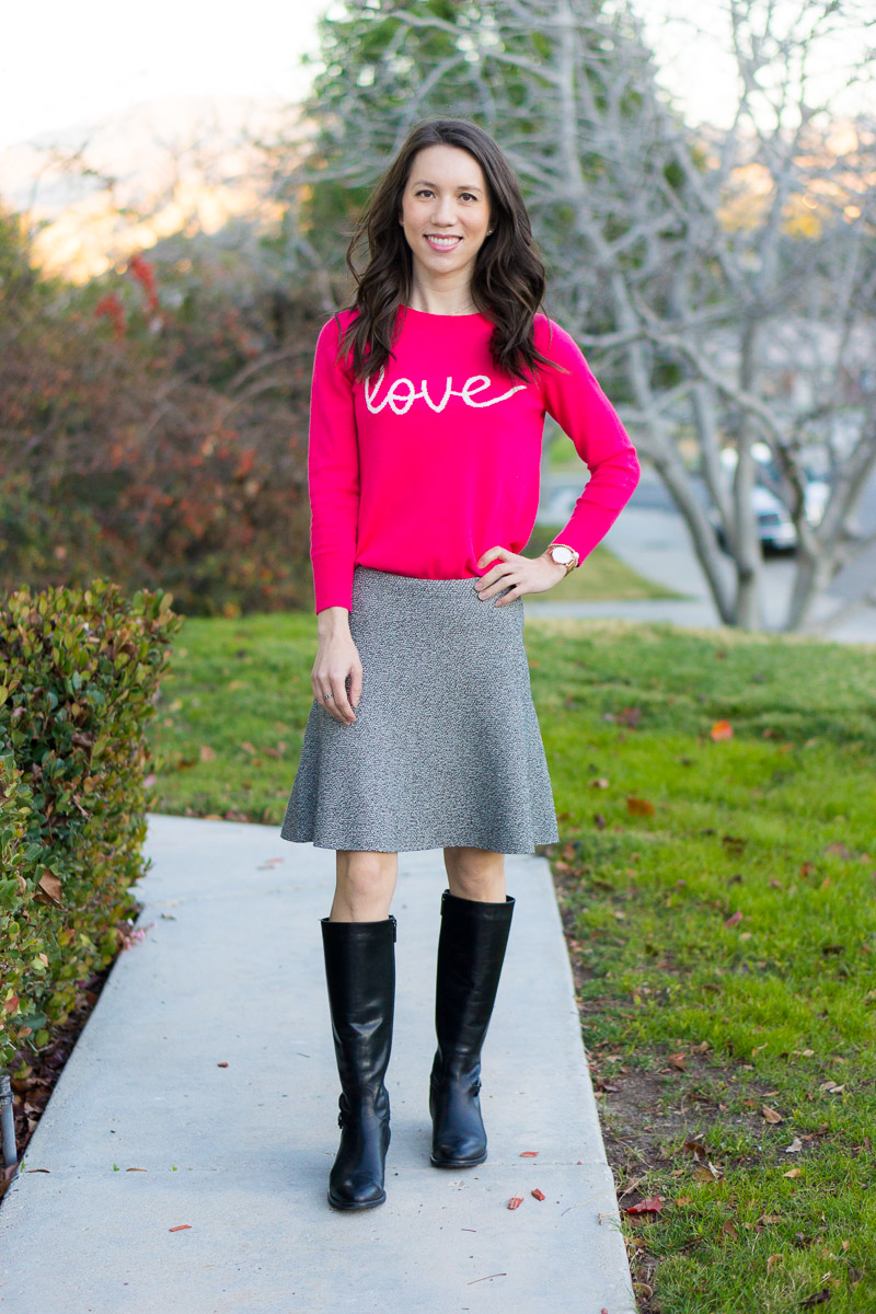 Valentine's Day Outfit Ideas | How to style 3 ways | LOFT Love pink sweater | LOFT tweed skirt | Aquatalia black tall riding boots | Leith coral dress | Aqua Bloomingdale's red lace dress | Red, pink, coral spring outfit ideas | Petite fashion and style blog