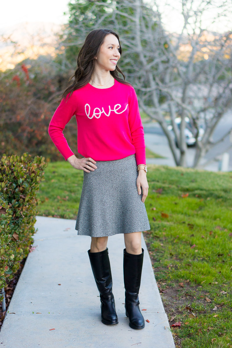 Valentine's Day Outfit Ideas | How to style 3 ways | LOFT Love pink sweater | LOFT tweed skirt | Aquatalia black tall riding boots | Leith coral dress | Aqua Bloomingdale's red lace dress | Red, pink, coral spring outfit ideas | Petite fashion and style blog