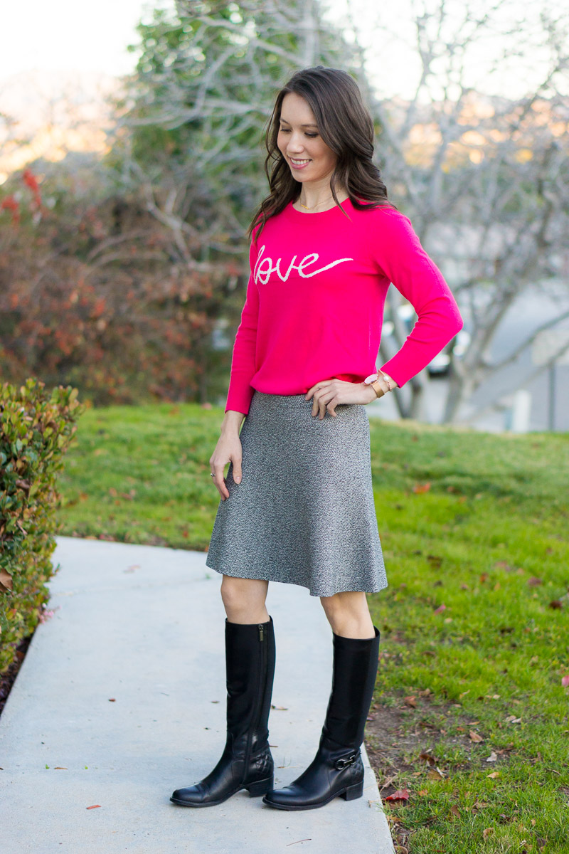 Valentine's Day Outfit Ideas | How to style 3 ways | LOFT Love pink sweater | LOFT tweed skirt | Aquatalia black tall riding boots | Leith coral dress | Aqua Bloomingdale's red lace dress | Red, pink, coral spring outfit ideas | Petite fashion and style blog