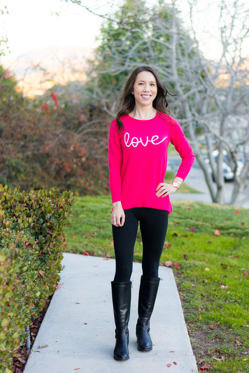 Valentine's Day Outfit Ideas | How to style 3 ways | LOFT Love pink sweater | LOFT tweed skirt | Aquatalia black tall riding boots | Leith coral dress | Aqua Bloomingdale's red lace dress | Red, pink, coral spring outfit ideas | Petite fashion and style blog