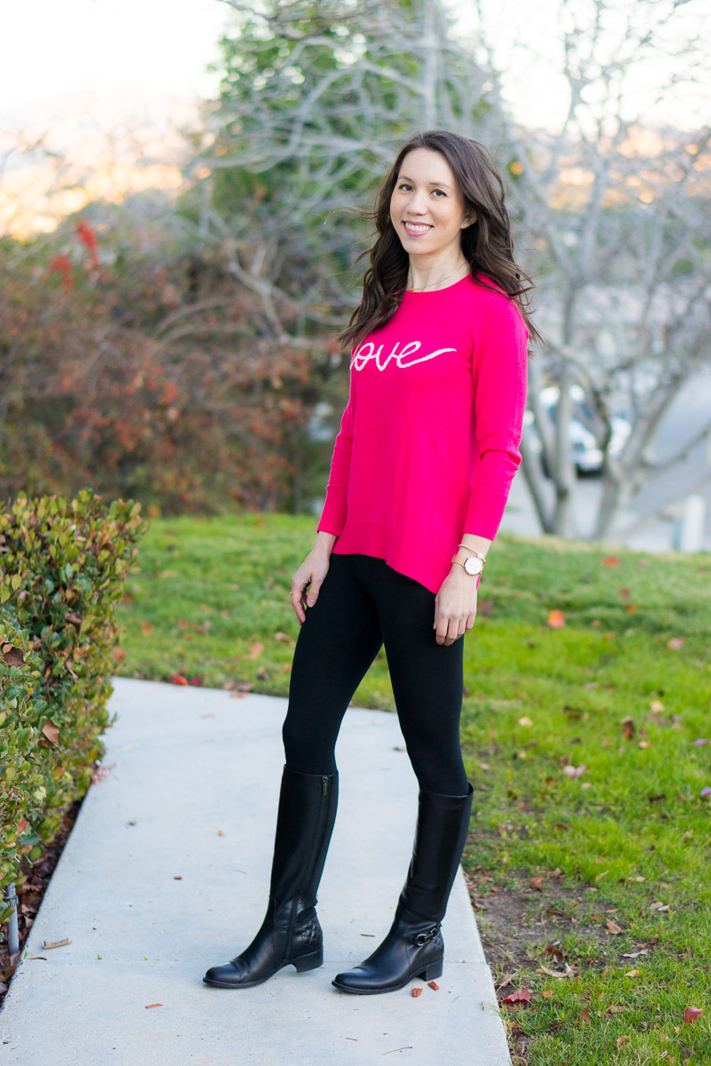 Valentine's Day Outfit Ideas | How to style 3 ways | LOFT Love pink sweater | LOFT tweed skirt | Aquatalia black tall riding boots | Leith coral dress | Aqua Bloomingdale's red lace dress | Red, pink, coral spring outfit ideas | Petite fashion and style blog