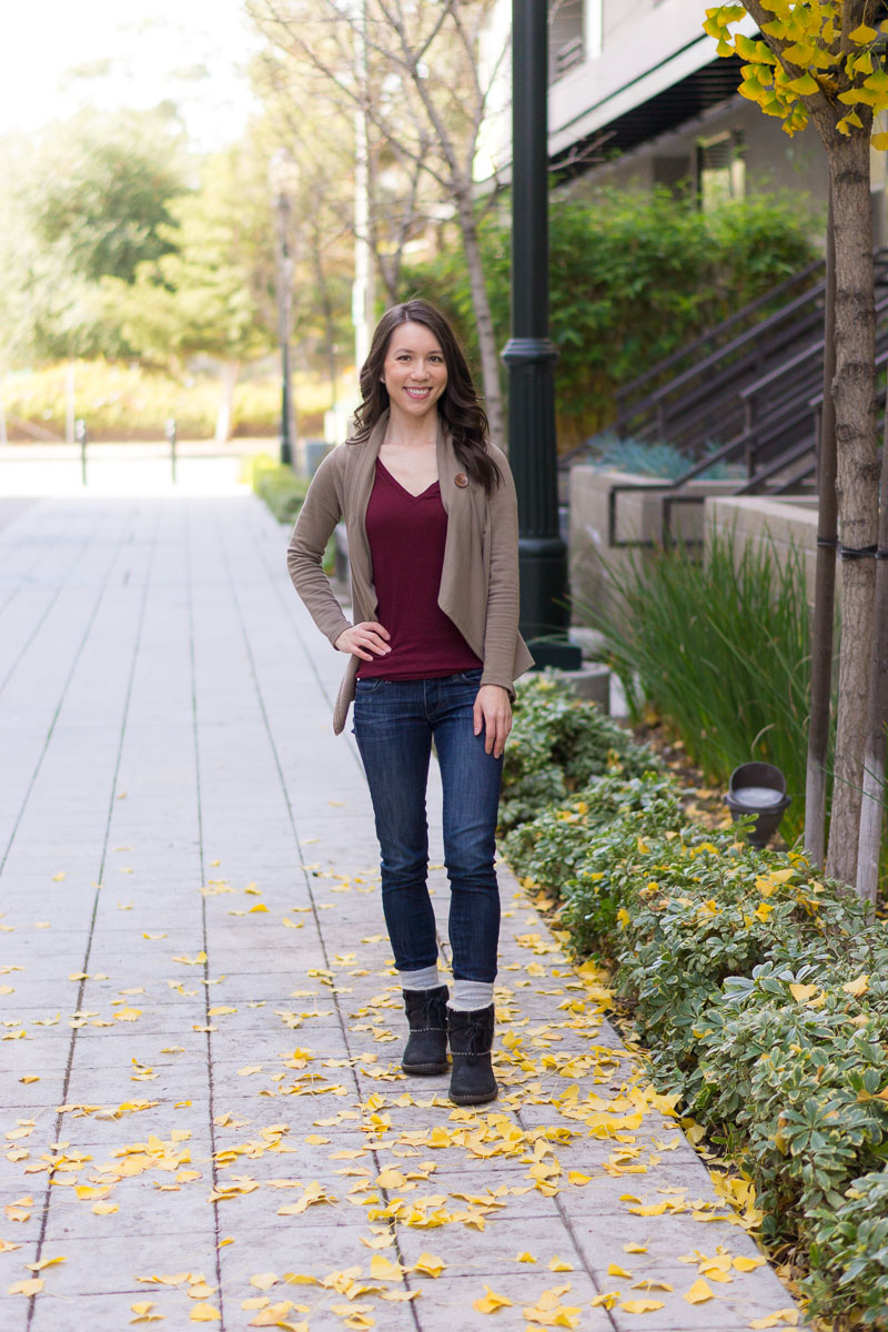 Winter outfit inspiration | 4 go-to outfit formulas for winter | Petite fashion and style blog | Leith ruched dress brown spice heather | Orange dress | Wear FIGS fleece jacket review | Bobeau fleece wrap cardigan | BCBG wrap dress | M. Gemi Cerchio sneakers | Ugg boots