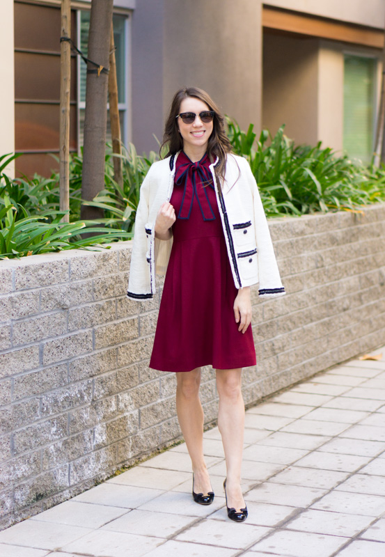 Chanel-inspired blazer | Talbots Provence Tweed Jacket |Chanel-inspired tweed jacket | Ivory blazer | Work outfit inspiration | Petite fashion and style blog | Banana Republic Sloan pants | Ferragamo bow heels | Hermes belt | Tory Burch Gold belt | J. Crew Bow Dress Burgundy