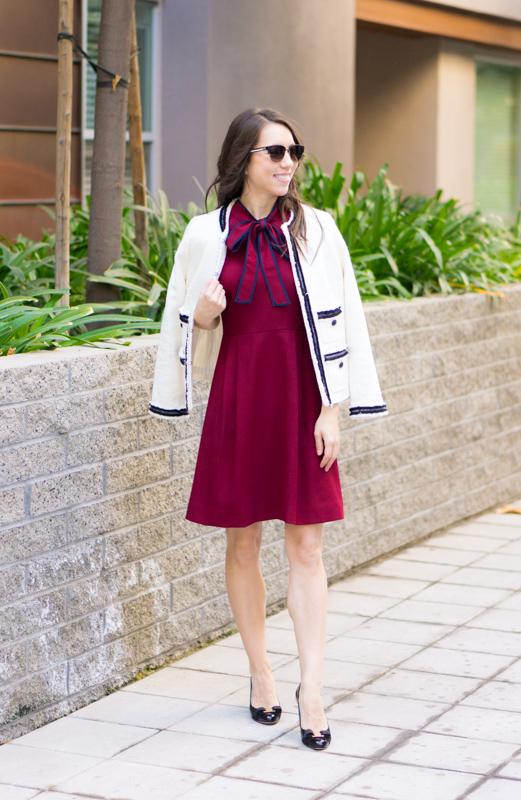 Chanel-inspired blazer | Talbots Provence Tweed Jacket |Chanel-inspired tweed jacket | Ivory blazer | Work outfit inspiration | Petite fashion and style blog | Banana Republic Sloan pants | Ferragamo bow heels | Hermes belt | Tory Burch Gold belt | J. Crew Bow Dress Burgundy