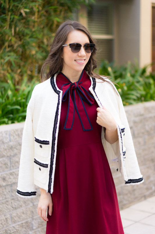 Chanel-inspired blazer | Talbots Provence Tweed Jacket |Chanel-inspired tweed jacket | Ivory blazer | Work outfit inspiration | Petite fashion and style blog | Banana Republic Sloan pants | Ferragamo bow heels | Hermes belt | Tory Burch Gold belt | J. Crew Bow Dress Burgundy