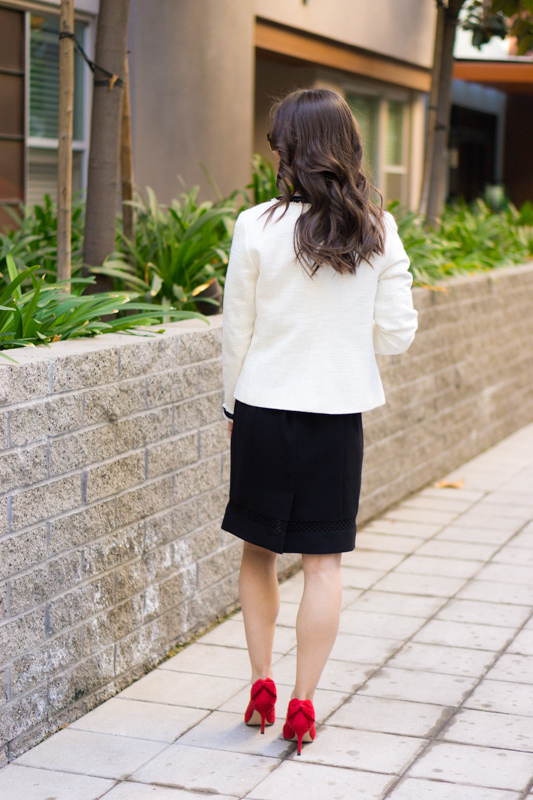 Chanel-inspired blazer | Talbots Provence Tweed Jacket |Chanel-inspired tweed jacket | Ivory blazer | Work outfit inspiration | Petite fashion and style blog | Banana Republic Sloan pants | Ferragamo bow heels | Hermes belt | Tory Burch Gold belt | Express red blouse | Sheath dress | Fleece lined opaque black tights | Pearl statement necklace