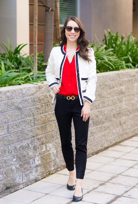 Chanel-inspired blazer | Talbots Provence Tweed Jacket |Chanel-inspired tweed jacket | Ivory blazer | Work outfit inspiration | Petite fashion and style blog | Banana Republic Sloan pants | Ferragamo bow heels | Hermes belt | Tory Burch Gold belt | Express red blouse | Sheath dress | Fleece lined opaque black tights | Pearl statement necklace