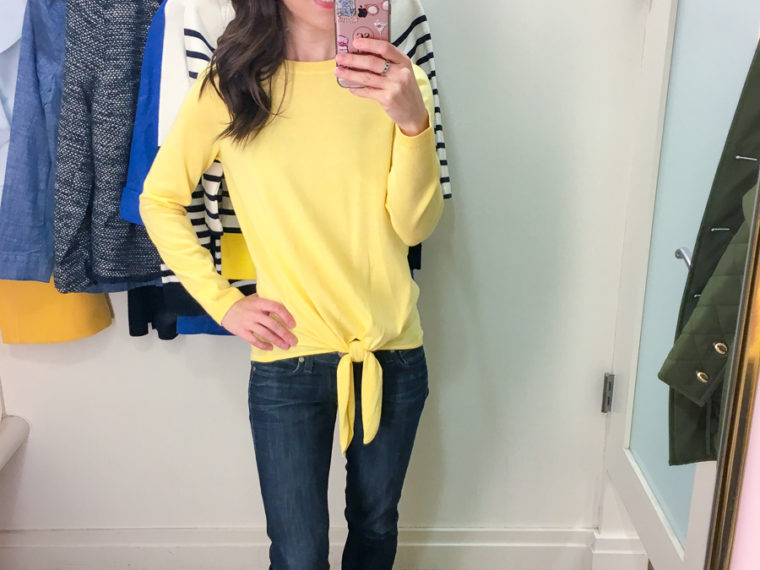 Talbots Spring Collection 2018 review | early spring outfit ideas | yellow tie-front sweater review | teal green striped tee | chambray twill jacket | no close cardigan | sailboat top | scallop help wrap skirt | petite fashion and style blog | petite fashion advice help | style help | capsule wardrobe