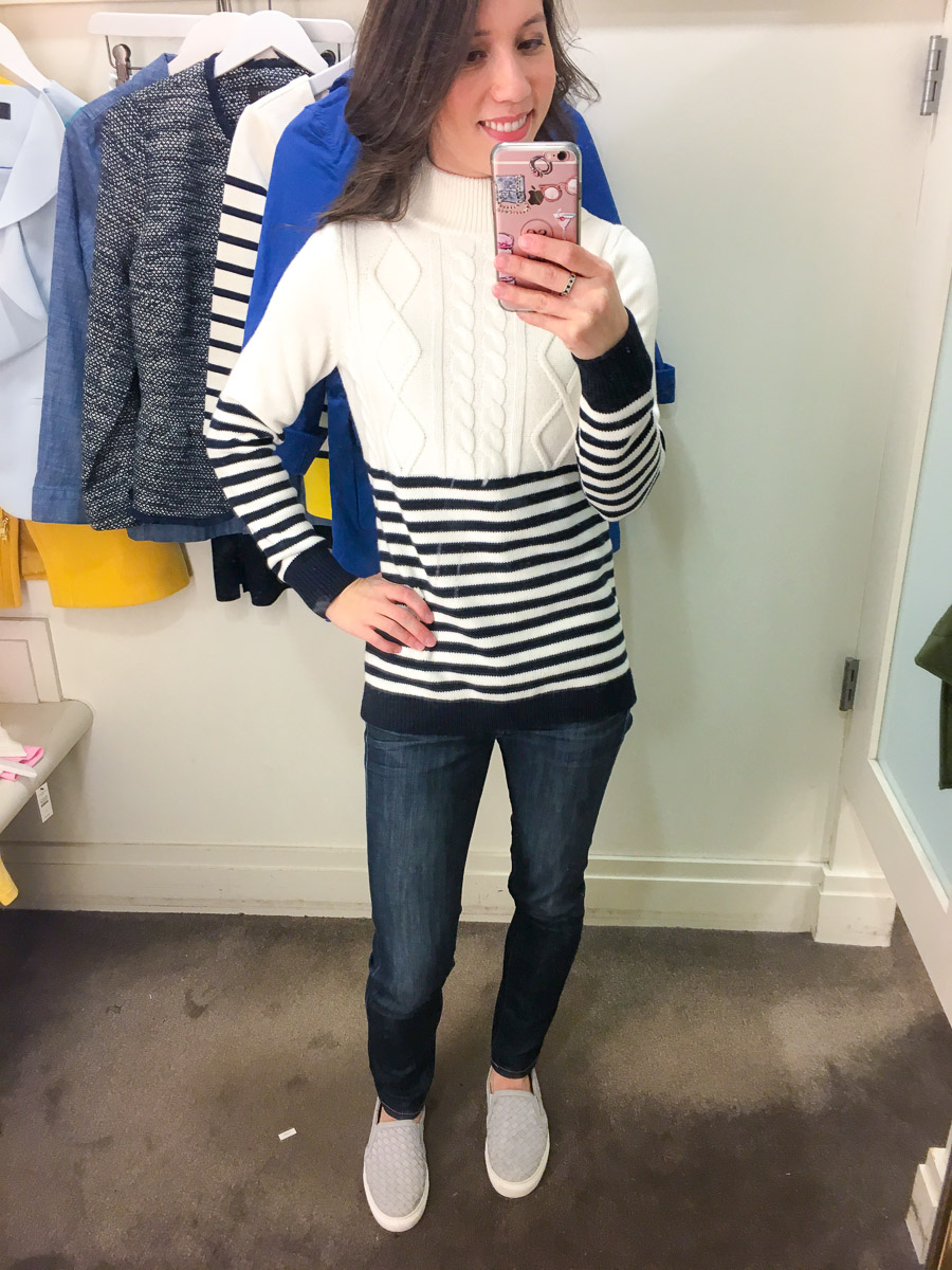 Talbots Spring Collection 2018 review | early spring outfit ideas | yellow tie-front sweater review | teal green striped tee | chambray twill jacket | no close cardigan | sailboat top | scallop help wrap skirt | petite fashion and style blog | petite fashion advice help | style help | capsule wardrobe