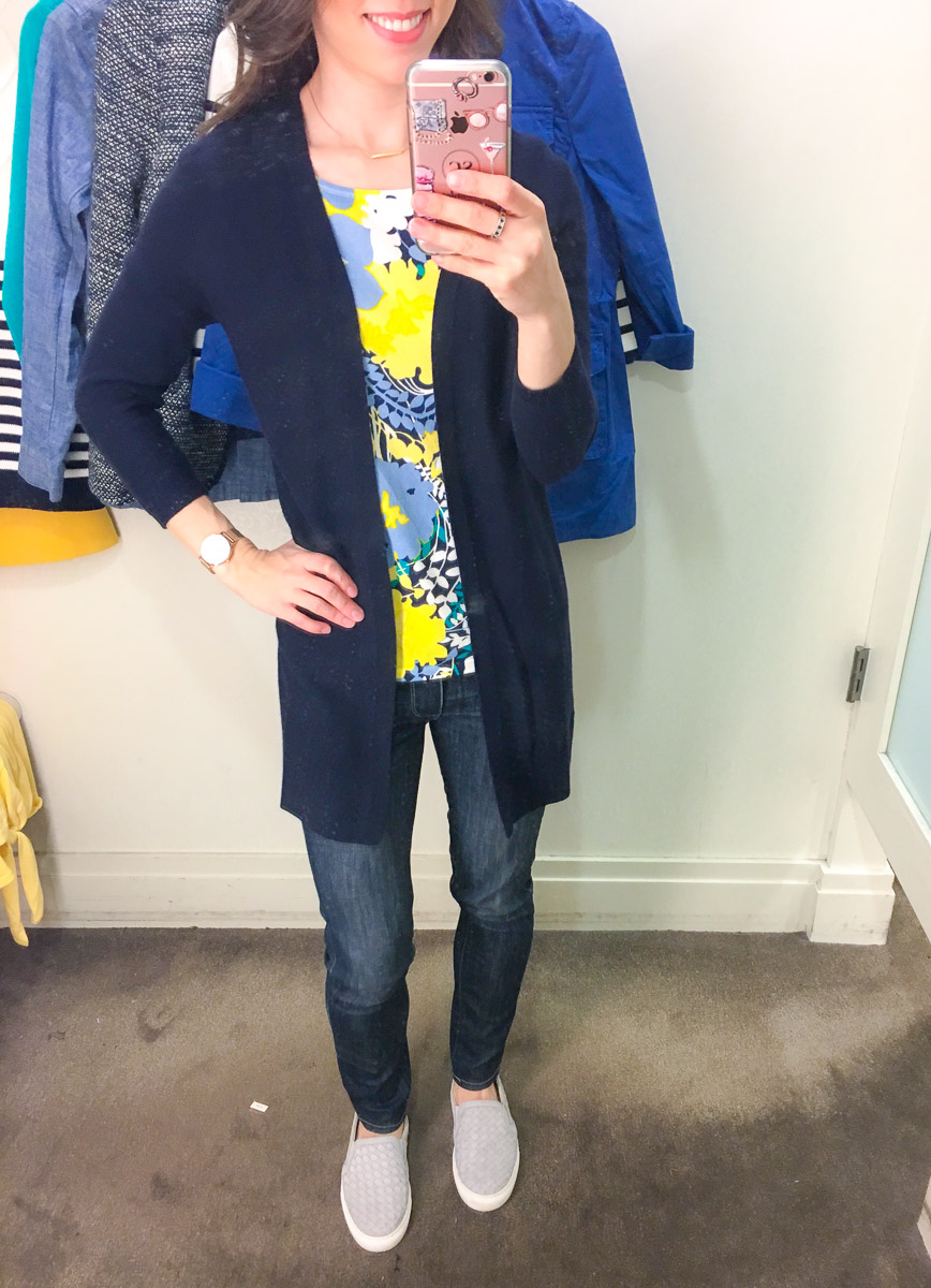 Talbots Spring Collection 2018 review | early spring outfit ideas | yellow tie-front sweater review | teal green striped tee | chambray twill jacket | no close cardigan | sailboat top | scallop help wrap skirt | petite fashion and style blog | petite fashion advice help | style help | capsule wardrobe 