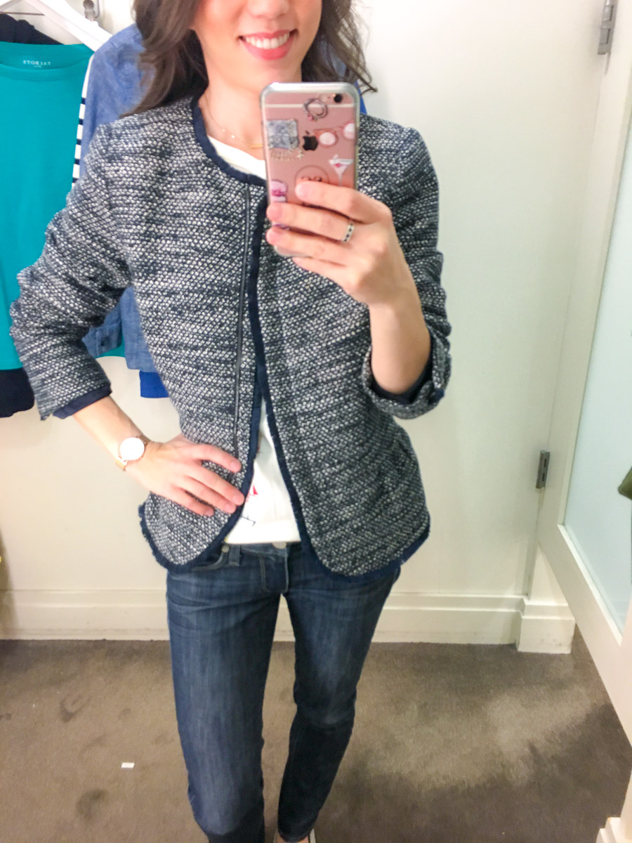 Talbots Spring Collection 2018 review | early spring outfit ideas | yellow tie-front sweater review | teal green striped tee | chambray twill jacket | no close cardigan | sailboat top | scallop help wrap skirt | petite fashion and style blog | petite fashion advice help | style help | capsule wardrobe 