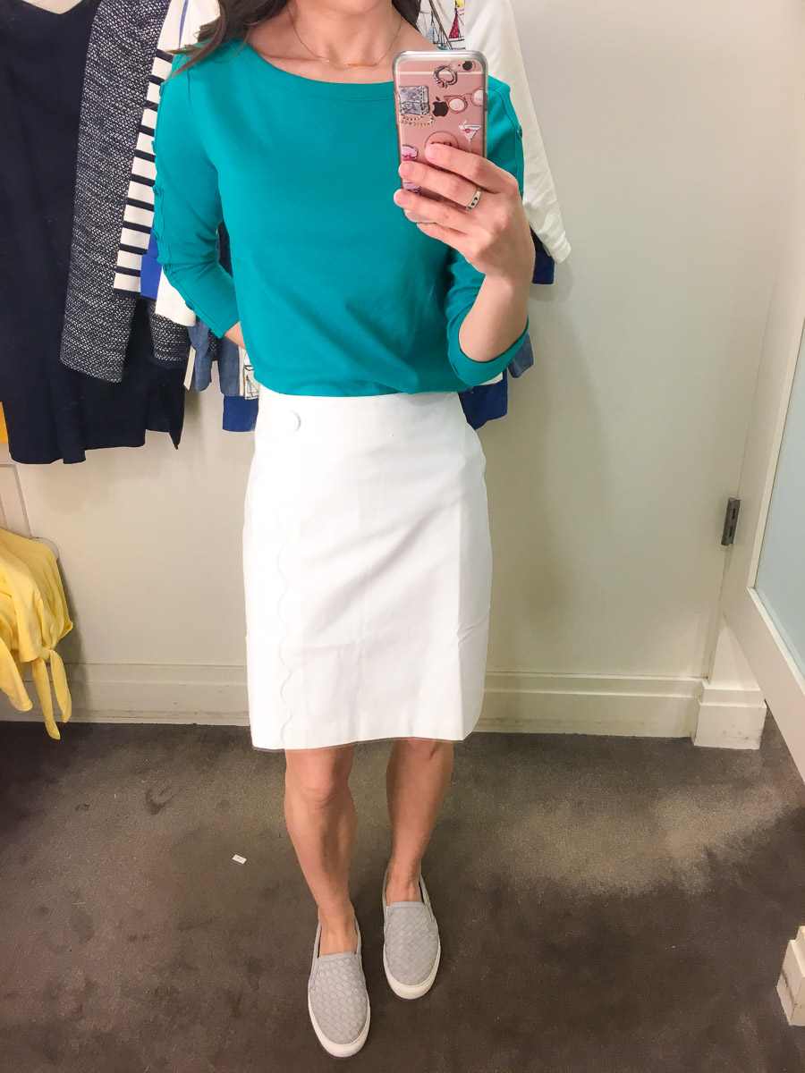 Talbots Spring Collection 2018 review | early spring outfit ideas | yellow tie-front sweater review | teal green striped tee | chambray twill jacket | no close cardigan | sailboat top | scallop help wrap skirt | petite fashion and style blog | petite fashion advice help | style help | capsule wardrobe 
