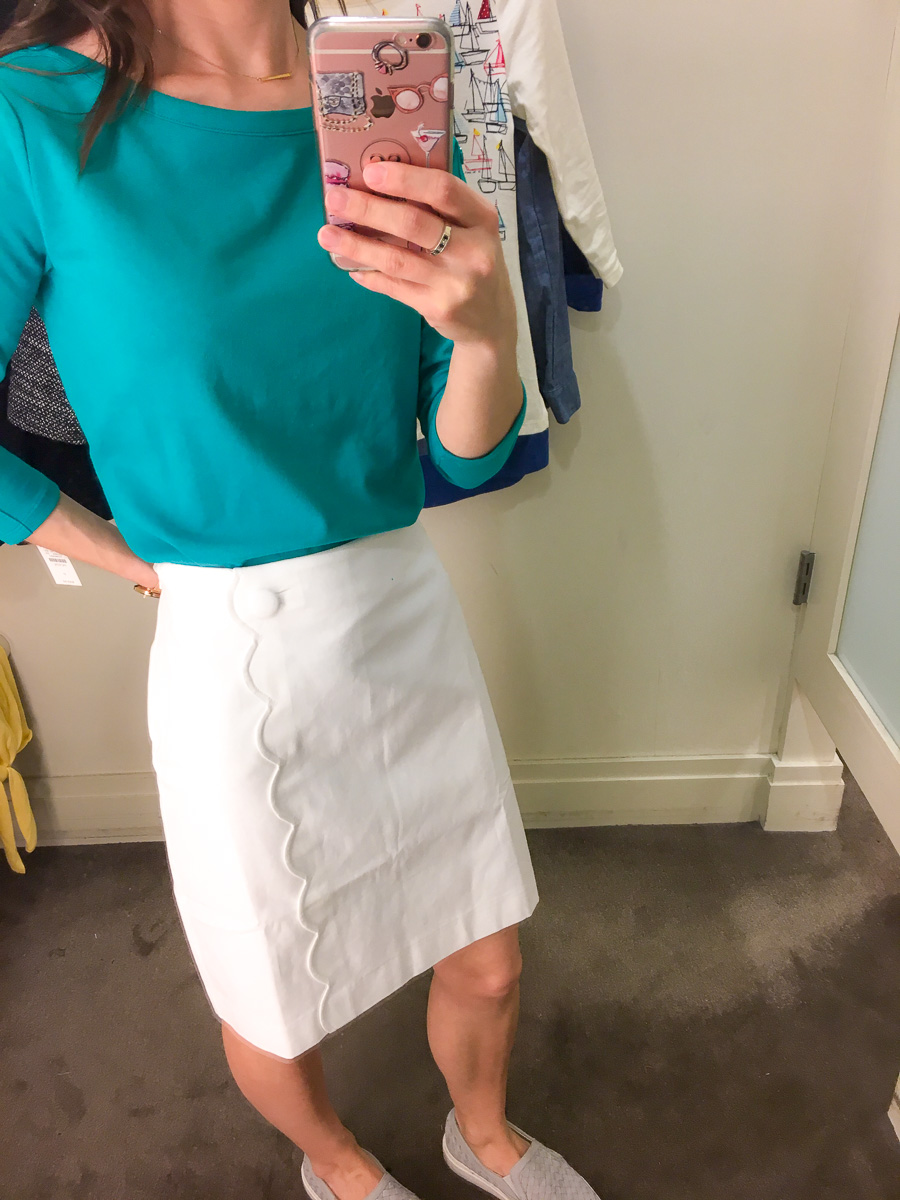 Talbots Spring Collection 2018 review | early spring outfit ideas | yellow tie-front sweater review | teal green striped tee | chambray twill jacket | no close cardigan | sailboat top | scallop help wrap skirt | petite fashion and style blog | petite fashion advice help | style help | capsule wardrobe 