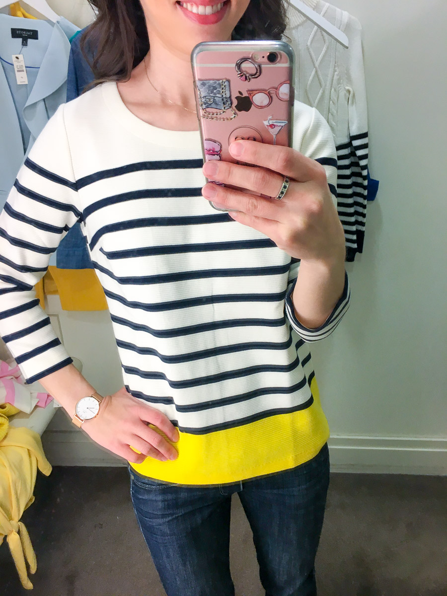 Talbots Spring Collection 2018 review | early spring outfit ideas | yellow tie-front sweater review | teal green striped tee | chambray twill jacket | no close cardigan | sailboat top | scallop help wrap skirt | petite fashion and style blog | petite fashion advice help | style help | capsule wardrobe 