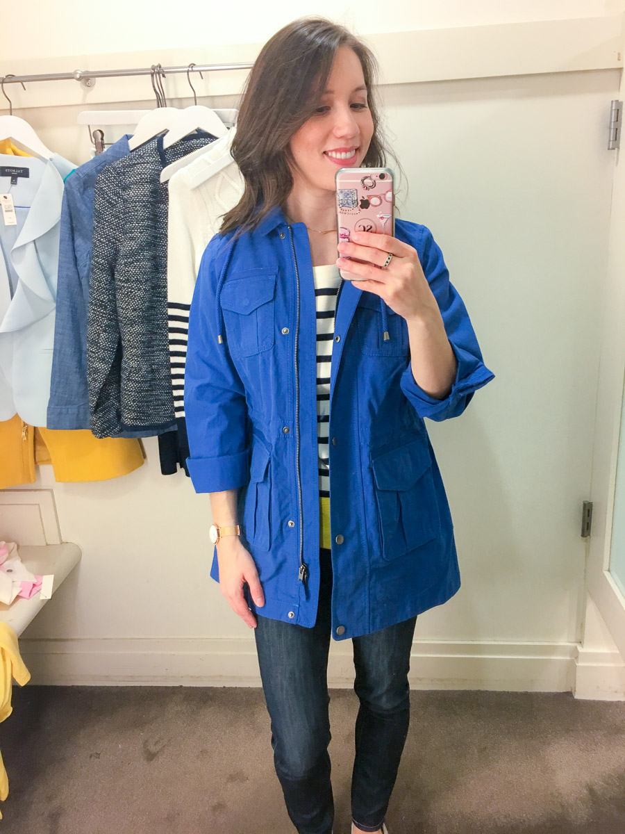 Talbots Spring Collection 2018 review | early spring outfit ideas | yellow tie-front sweater review | teal green striped tee | chambray twill jacket | no close cardigan | sailboat top | scallop help wrap skirt | petite fashion and style blog | petite fashion advice help | style help | capsule wardrobe 