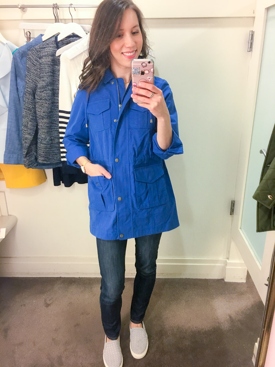 Talbots Spring Collection 2018 review | early spring outfit ideas | yellow tie-front sweater review | teal green striped tee | chambray twill jacket | no close cardigan | sailboat top | scallop help wrap skirt | petite fashion and style blog | petite fashion advice help | style help | capsule wardrobe 