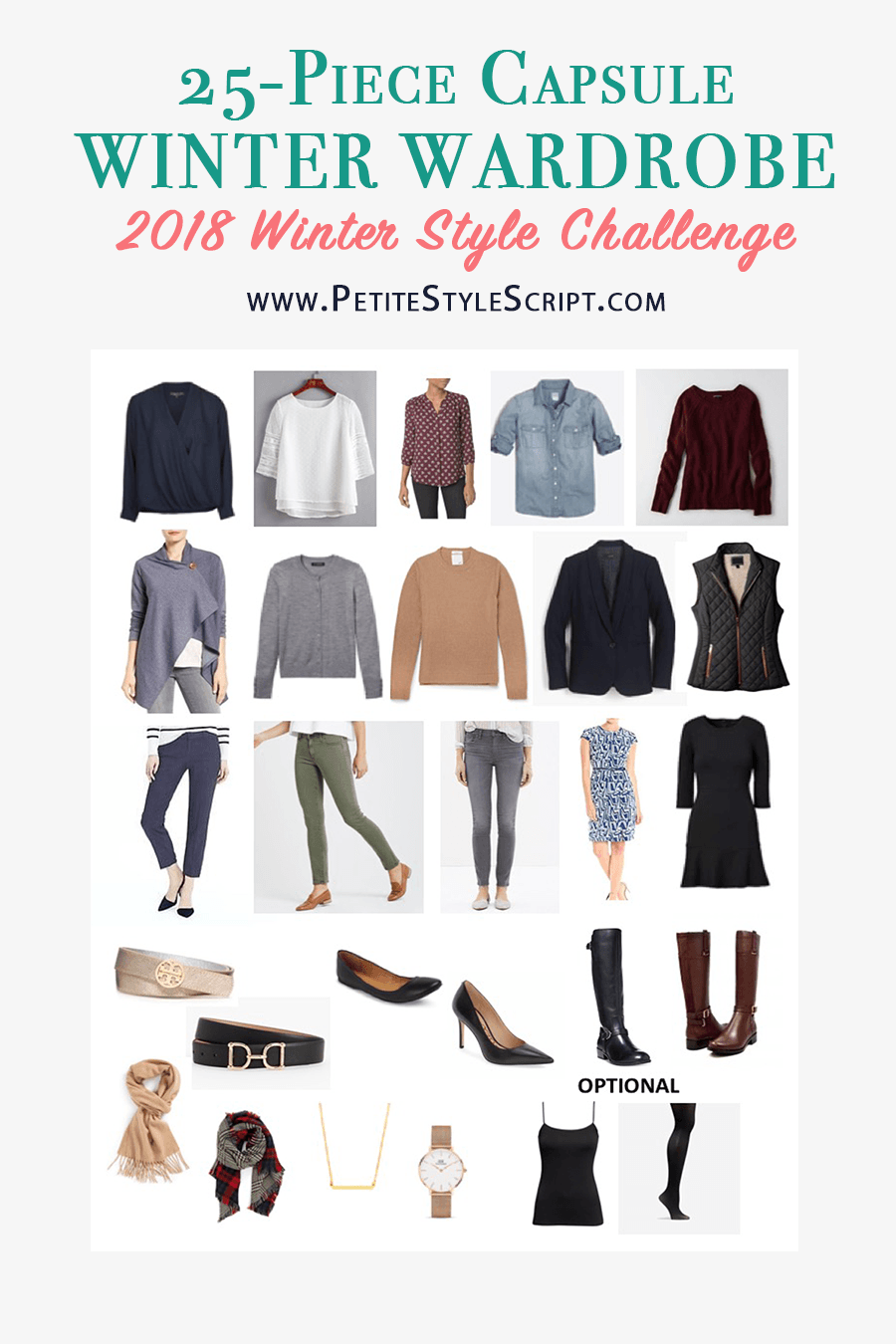 25-Piece Winter Capsule Wardrobe | Winter Style Challenge | Minimalist wardrobe | Petite fashion and style | Outfit inspiration | Mix and match winter outfits | Shop your closet | Free download | easy winter outfits