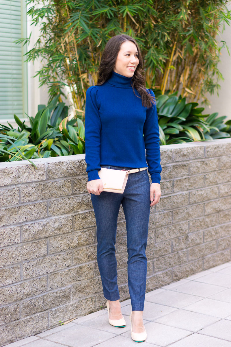 How to Transition Classic Sweater from Work to Weekend | Business Casual Outfit inspiration | Petite fashion and style blog | Banana Republic Sloan Pants | Ann Taylor navy blue pointelle sweater | Mint green handbag Kate Spade | Vince Camuto Franell booties | Paige White Denim | Spring outfit inspiration | Winter to Spring Transition Ideas | 9 Affordable Sweaters 