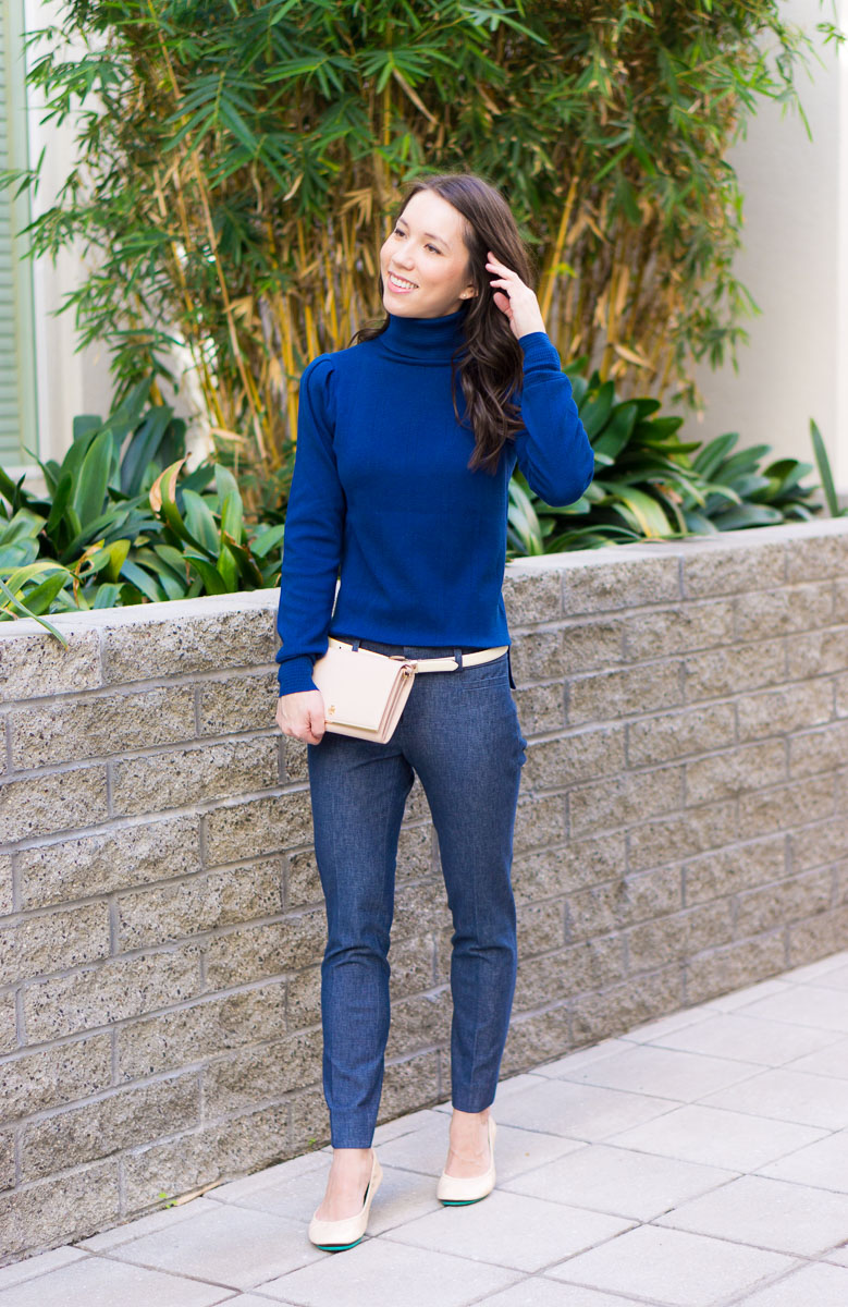 How to Transition Classic Sweater from Work to Weekend | Business Casual Outfit inspiration | Petite fashion and style blog | Banana Republic Sloan Pants | Ann Taylor navy blue pointelle sweater | Mint green handbag Kate Spade | Vince Camuto Franell booties | Paige White Denim | Spring outfit inspiration | Winter to Spring Transition Ideas | 9 Affordable Sweaters 