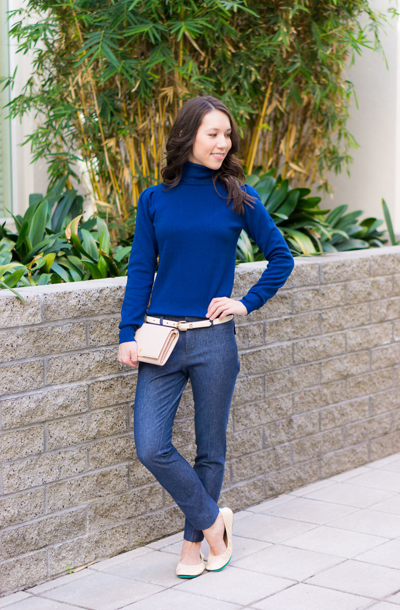 How to Transition Classic Sweater from Work to Weekend | Business Casual Outfit inspiration | Petite fashion and style blog | Banana Republic Sloan Pants | Ann Taylor navy blue pointelle sweater | Mint green handbag Kate Spade | Vince Camuto Franell booties | Paige White Denim | Spring outfit inspiration | Winter to Spring Transition Ideas | 9 Affordable Sweaters 