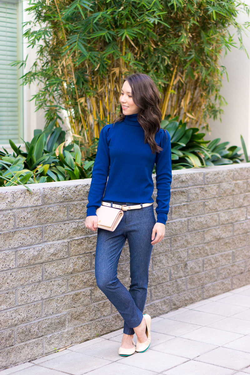 How to Transition Classic Sweater from Work to Weekend | Business Casual Outfit inspiration | Petite fashion and style blog | Banana Republic Sloan Pants | Ann Taylor navy blue pointelle sweater | Mint green handbag Kate Spade | Vince Camuto Franell booties | Paige White Denim | Spring outfit inspiration | Winter to Spring Transition Ideas | 9 Affordable Sweaters 