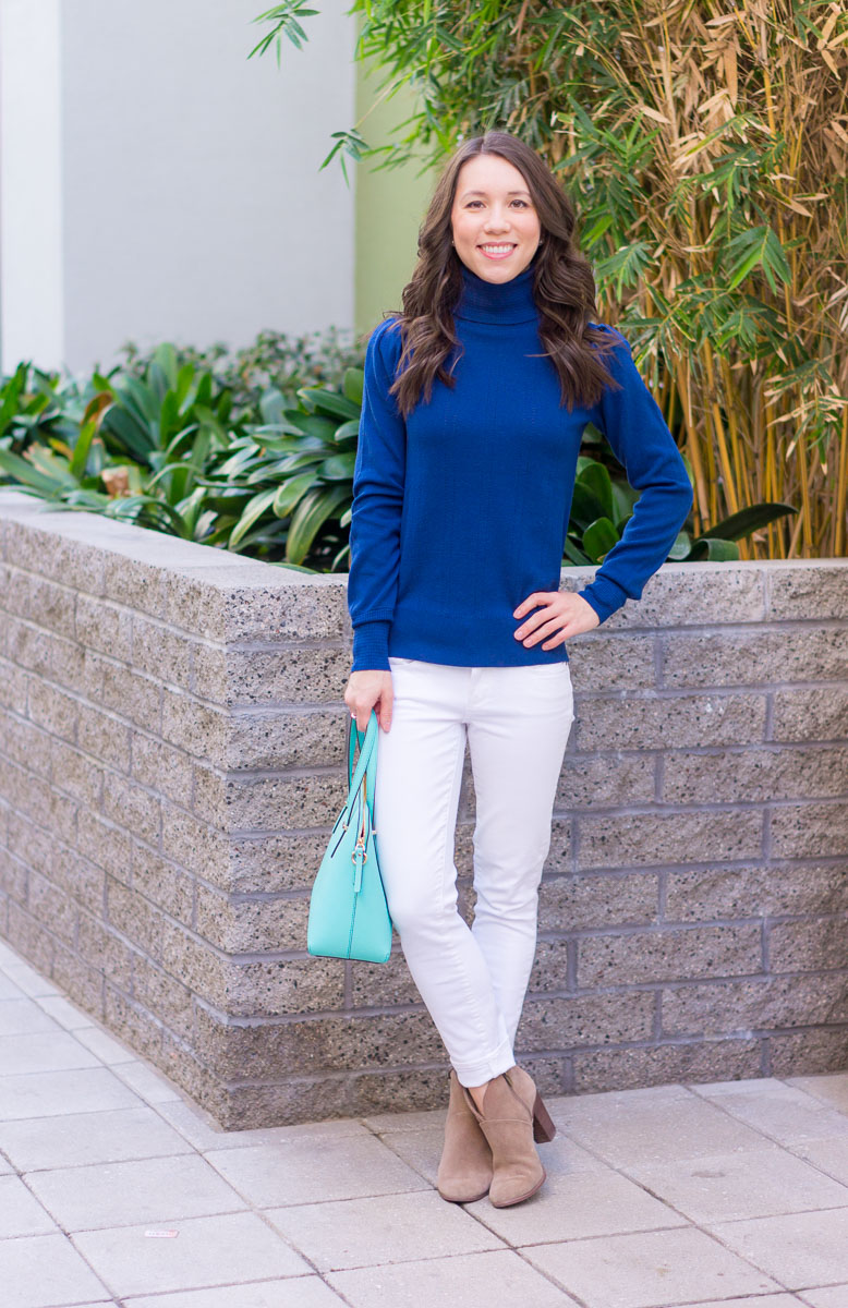 How to Transition Classic Sweater from Work to Weekend | Business Casual Outfit inspiration | Petite fashion and style blog | Banana Republic Sloan Pants | Ann Taylor navy blue pointelle sweater | Mint green handbag Kate Spade | Vince Camuto Franell booties | Paige White Denim | Spring outfit inspiration | Winter to Spring Transition Ideas | 9 Affordable Sweaters 