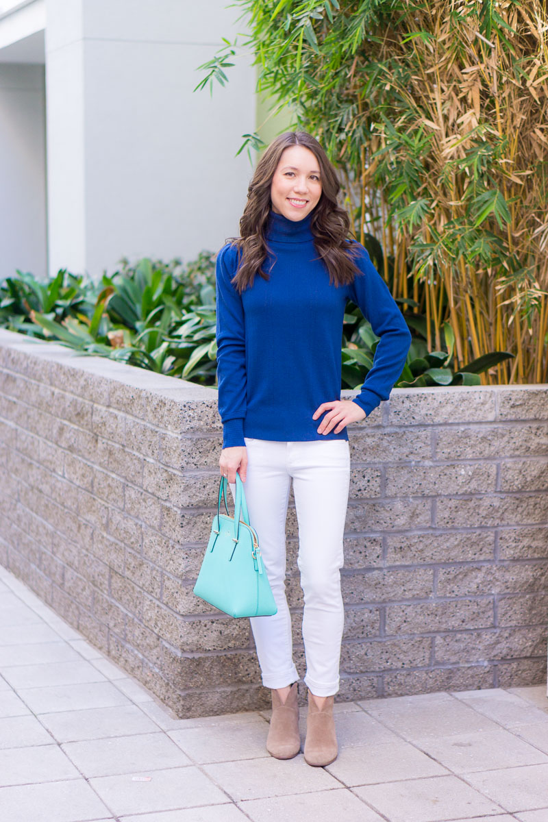 How to Transition Classic Sweater from Work to Weekend | Business Casual Outfit inspiration | Petite fashion and style blog | Banana Republic Sloan Pants | Ann Taylor navy blue pointelle sweater | Mint green handbag Kate Spade | Vince Camuto Franell booties | Paige White Denim | Spring outfit inspiration | Winter to Spring Transition Ideas | 9 Affordable Sweaters 