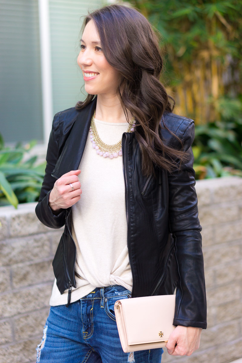 Five go-to tops to make you look effortlessly put together | tops to look instantly put together | polished outfits | easy casual outfit | easy office outfit | date night | gibson twist front | zella twist front | M. Gemi cerchio sneaker review | whbm jacket | blanknyc faux leather jacket | lush tunic blouse | madewell v-neck tee | lace tee top | J. Crew Factory drapey tee 