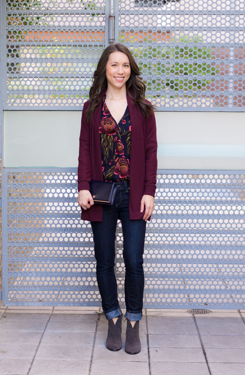 How to Style a Burgundy Cardigan Three Ways | burgundy cardigan outfit ideas | petite fashion and style blog | Gibson long fleece cardigan | burgundy and mustard yellow | burgundy and navy blue outfits | lush tonic blouse | Ann Taylor floral blouse | Talbots reversible belt | Aquatalia waterproof boots | madewell tee ashen silver 