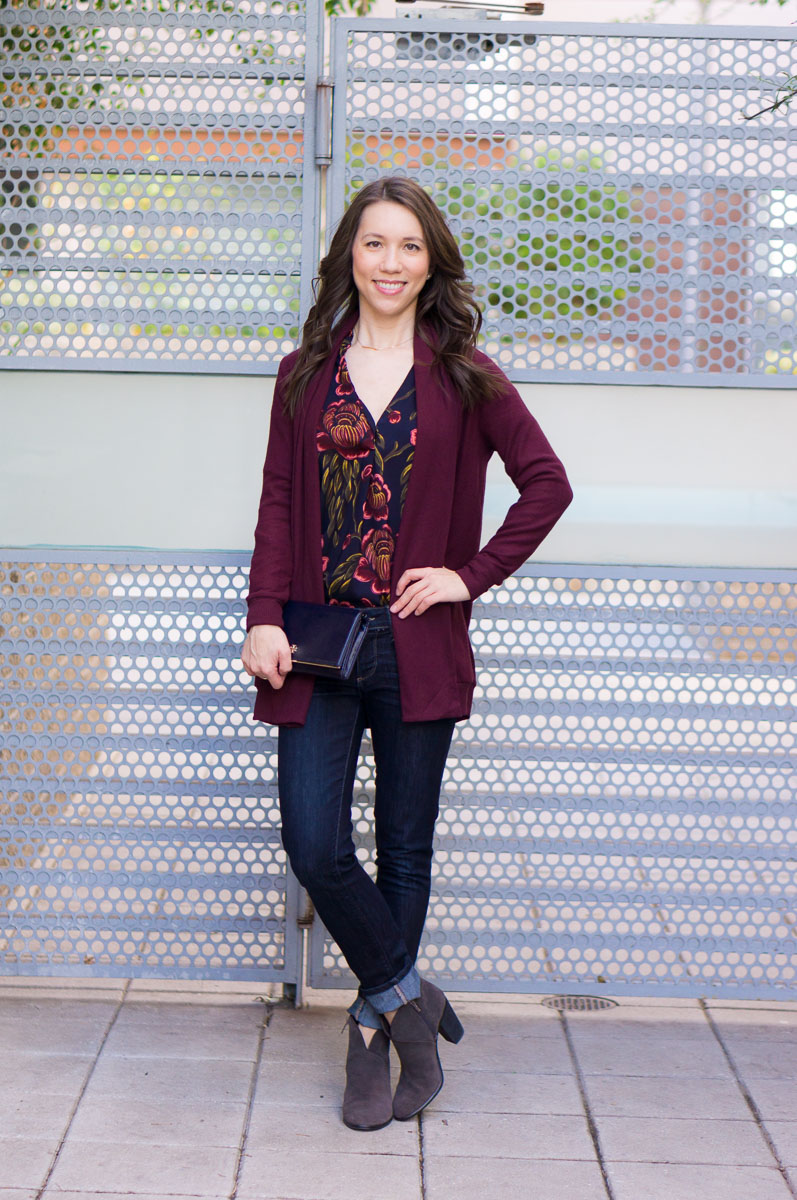 How to Style a Burgundy Cardigan Three Ways | burgundy cardigan outfit ideas | petite fashion and style blog | Gibson long fleece cardigan | burgundy and mustard yellow | burgundy and navy blue outfits | lush tonic blouse | Ann Taylor floral blouse | Talbots reversible belt | Aquatalia waterproof boots | madewell tee ashen silver