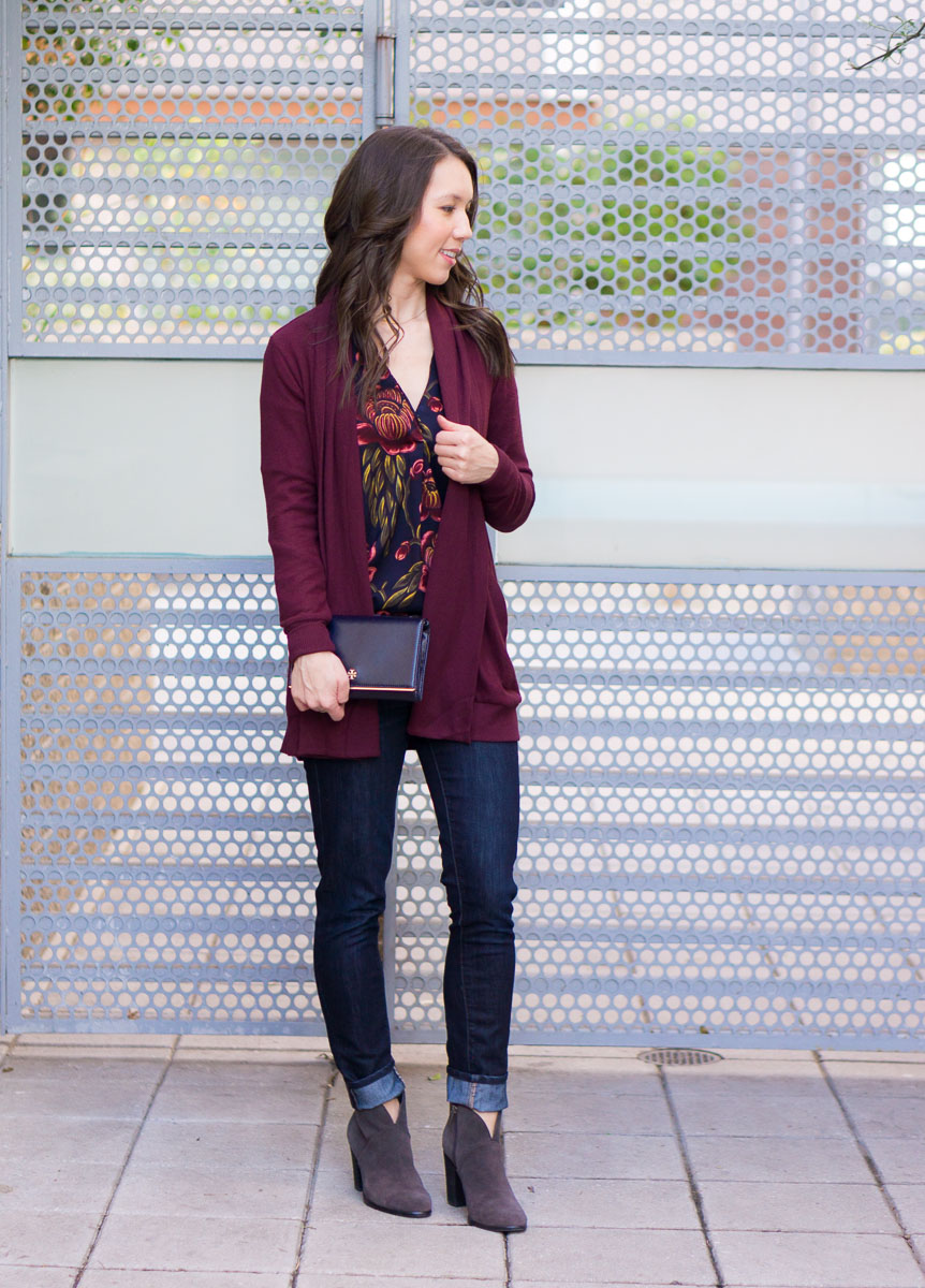 How to Style a Burgundy Cardigan Three Ways | burgundy cardigan outfit ideas | petite fashion and style blog | Gibson long fleece cardigan | burgundy and mustard yellow | burgundy and navy blue outfits | lush tonic blouse | Ann Taylor floral blouse | Talbots reversible belt | Aquatalia waterproof boots | madewell tee ashen silver