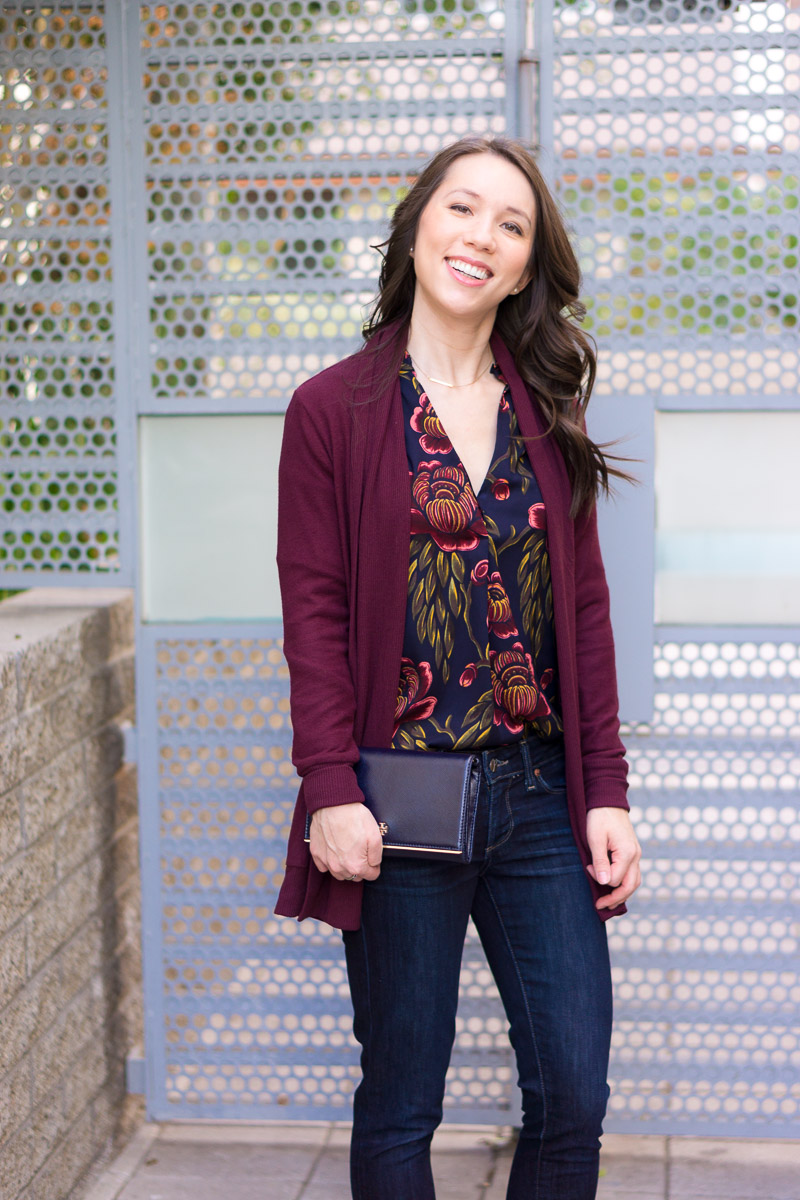 How to Style a Burgundy Cardigan Three Ways | burgundy cardigan outfit ideas | petite fashion and style blog | Gibson long fleece cardigan | burgundy and mustard yellow | burgundy and navy blue outfits | lush tonic blouse | Ann Taylor floral blouse | Talbots reversible belt | Aquatalia waterproof boots | madewell tee ashen silver