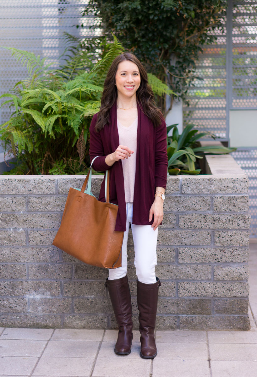 How to Style a Burgundy Cardigan Three Ways | burgundy cardigan outfit ideas | petite fashion and style blog | Gibson long fleece cardigan | burgundy and mustard yellow | burgundy and navy blue outfits | lush tonic blouse | Ann Taylor floral blouse | Talbots reversible belt | Aquatalia waterproof boots | madewell tee ashen silver