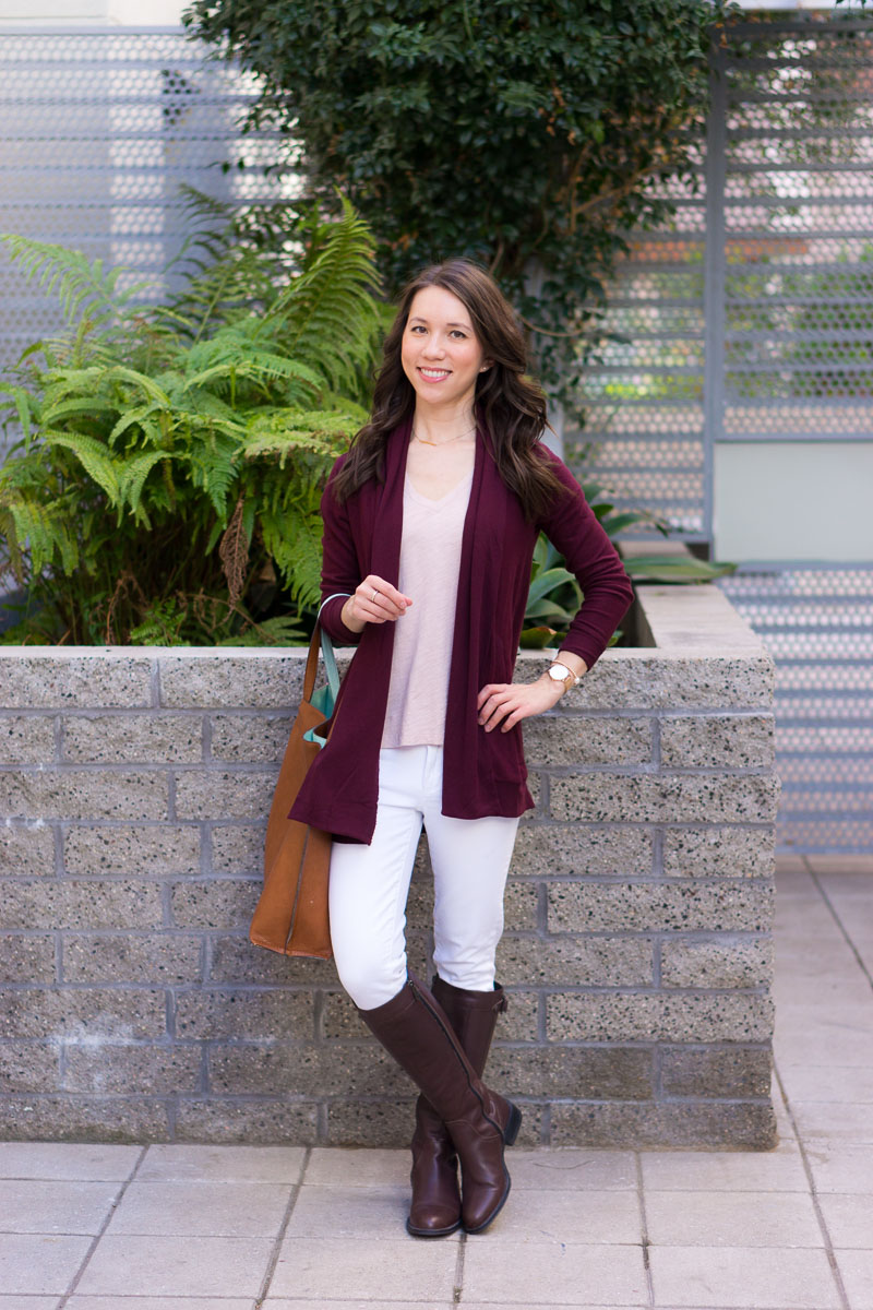 How to Style a Burgundy Cardigan Three Ways | burgundy cardigan outfit ideas | petite fashion and style blog | Gibson long fleece cardigan | burgundy and mustard yellow | burgundy and navy blue outfits | lush tonic blouse | Ann Taylor floral blouse | Talbots reversible belt | Aquatalia waterproof boots | madewell tee ashen silver