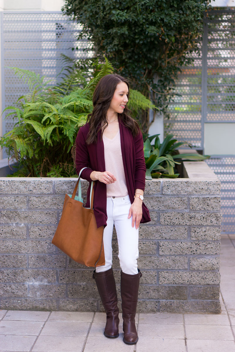 How to Style a Burgundy Cardigan Three Ways | burgundy cardigan outfit ideas | petite fashion and style blog | Gibson long fleece cardigan | burgundy and mustard yellow | burgundy and navy blue outfits | lush tonic blouse | Ann Taylor floral blouse | Talbots reversible belt | Aquatalia waterproof boots | madewell tee ashen silver