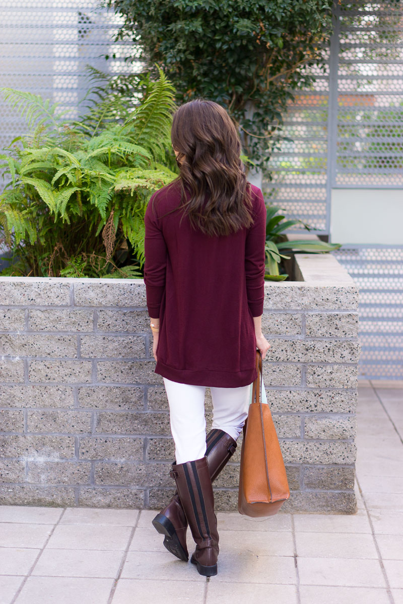 How to Style a Burgundy Cardigan Three Ways | burgundy cardigan outfit ideas | petite fashion and style blog | Gibson long fleece cardigan | burgundy and mustard yellow | burgundy and navy blue outfits | lush tonic blouse | Ann Taylor floral blouse | Talbots reversible belt | Aquatalia waterproof boots | madewell tee ashen silver