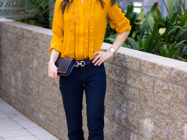 How to Wear Navy & Mustard Yellow together | Work outfit inspiration | Lush tunic blouse | Ann Taylor yellow ruffle blouse | Petite fashion and style blog | Banana Republic Sloan Pants | Gibson burgundy cardigan | Talbots reversible belt | Tory Burch wallet clutch | Office style | yellow and navy