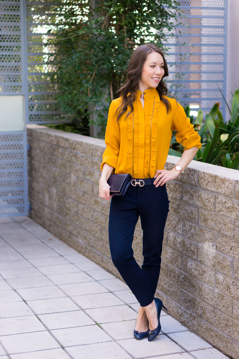 How to Wear Navy & Mustard Yellow together | Work outfit inspiration | Lush tunic blouse | Ann Taylor yellow ruffle blouse | Petite fashion and style blog | Banana Republic Sloan Pants | Gibson burgundy cardigan | Talbots reversible belt | Tory Burch wallet clutch | Office style | yellow and navy