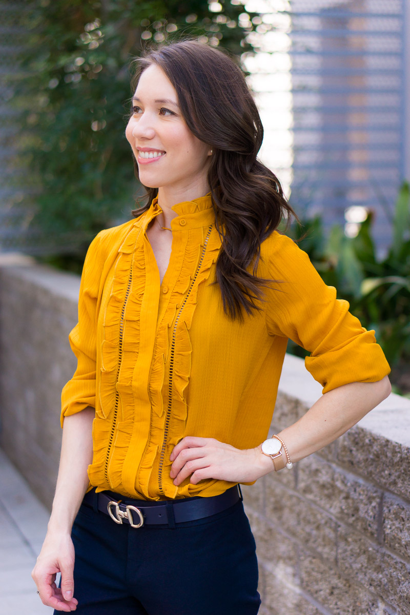 How to Wear Navy & Mustard Yellow together | Work outfit inspiration | Lush tunic blouse | Ann Taylor yellow ruffle blouse | Petite fashion and style blog | Banana Republic Sloan Pants | Gibson burgundy cardigan | Talbots reversible belt | Tory Burch wallet clutch | Office style | yellow and navy