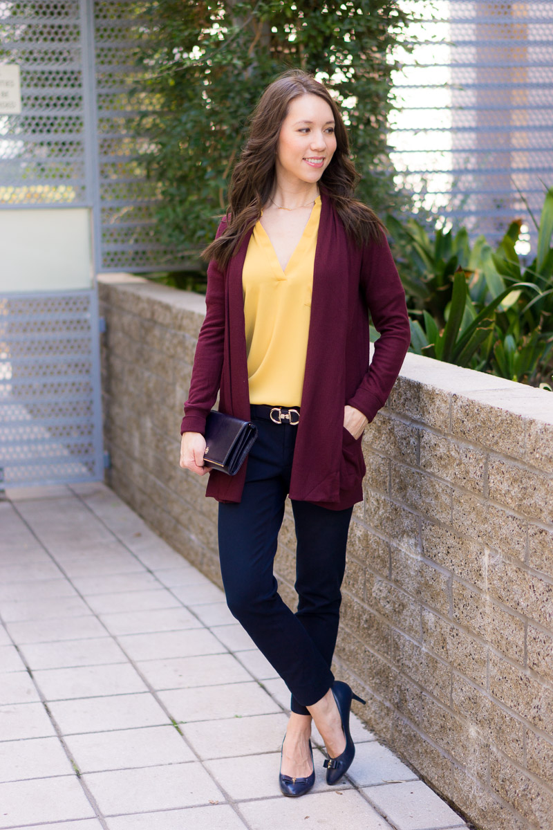 How to Style a Burgundy Cardigan Three Ways | burgundy cardigan outfit ideas | petite fashion and style blog | Gibson long fleece cardigan | burgundy and mustard yellow | burgundy and navy blue outfits | lush tonic blouse | Ann Taylor floral blouse | Talbots reversible belt | Aquatalia waterproof boots | madewell tee ashen silver