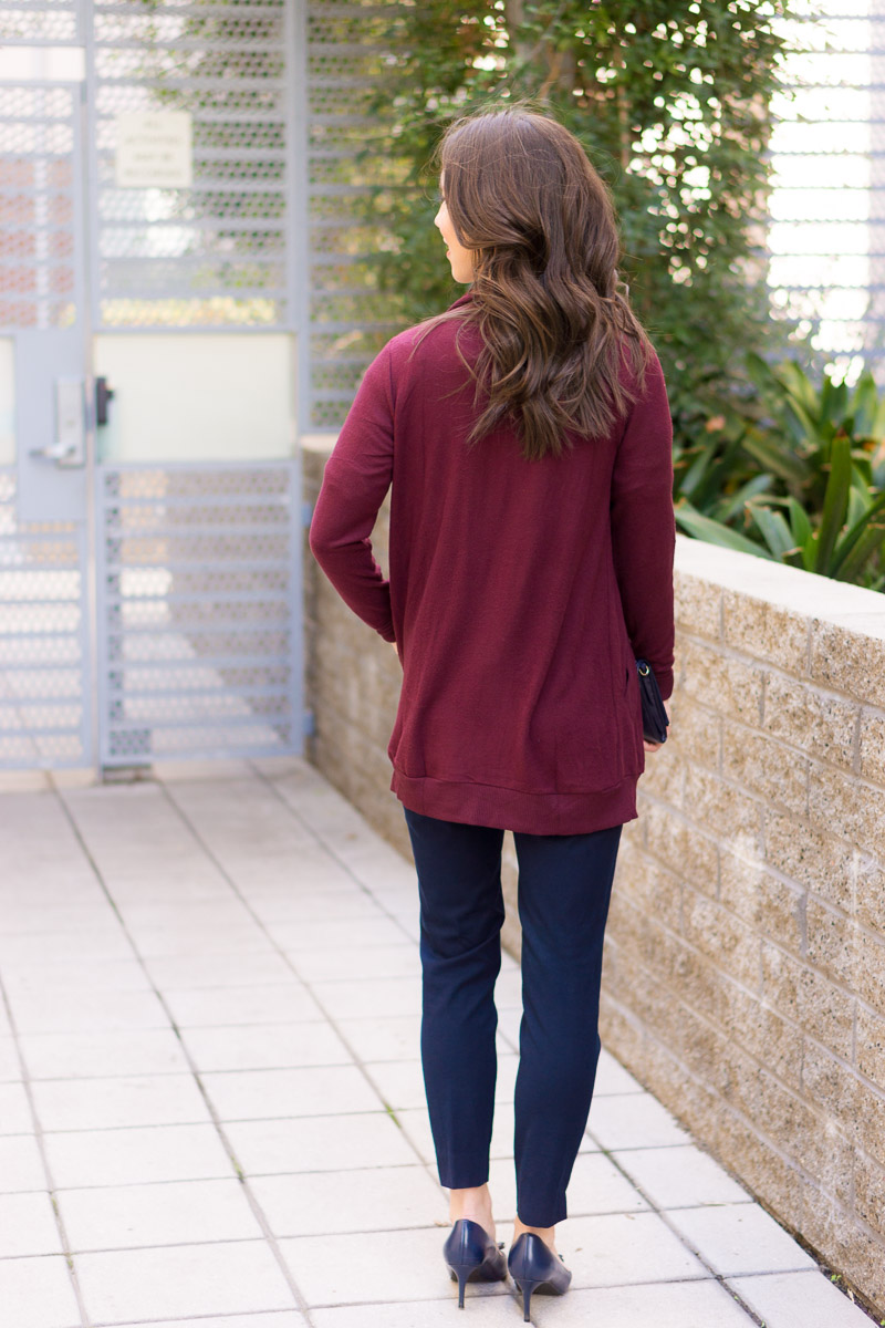 How to Style a Burgundy Cardigan Three Ways | burgundy cardigan outfit ideas | petite fashion and style blog | Gibson long fleece cardigan | burgundy and mustard yellow | burgundy and navy blue outfits | lush tonic blouse | Ann Taylor floral blouse | Talbots reversible belt | Aquatalia waterproof boots | madewell tee ashen silver