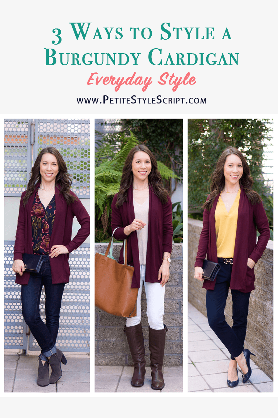 How to Style a Burgundy Cardigan Three Ways | burgundy cardigan outfit ideas | petite fashion and style blog | Gibson long fleece cardigan | burgundy and mustard yellow | burgundy and navy blue outfits | lush tonic blouse | Ann Taylor floral blouse | Talbots reversible belt | Aquatalia waterproof boots | madewell tee ashen silver 
