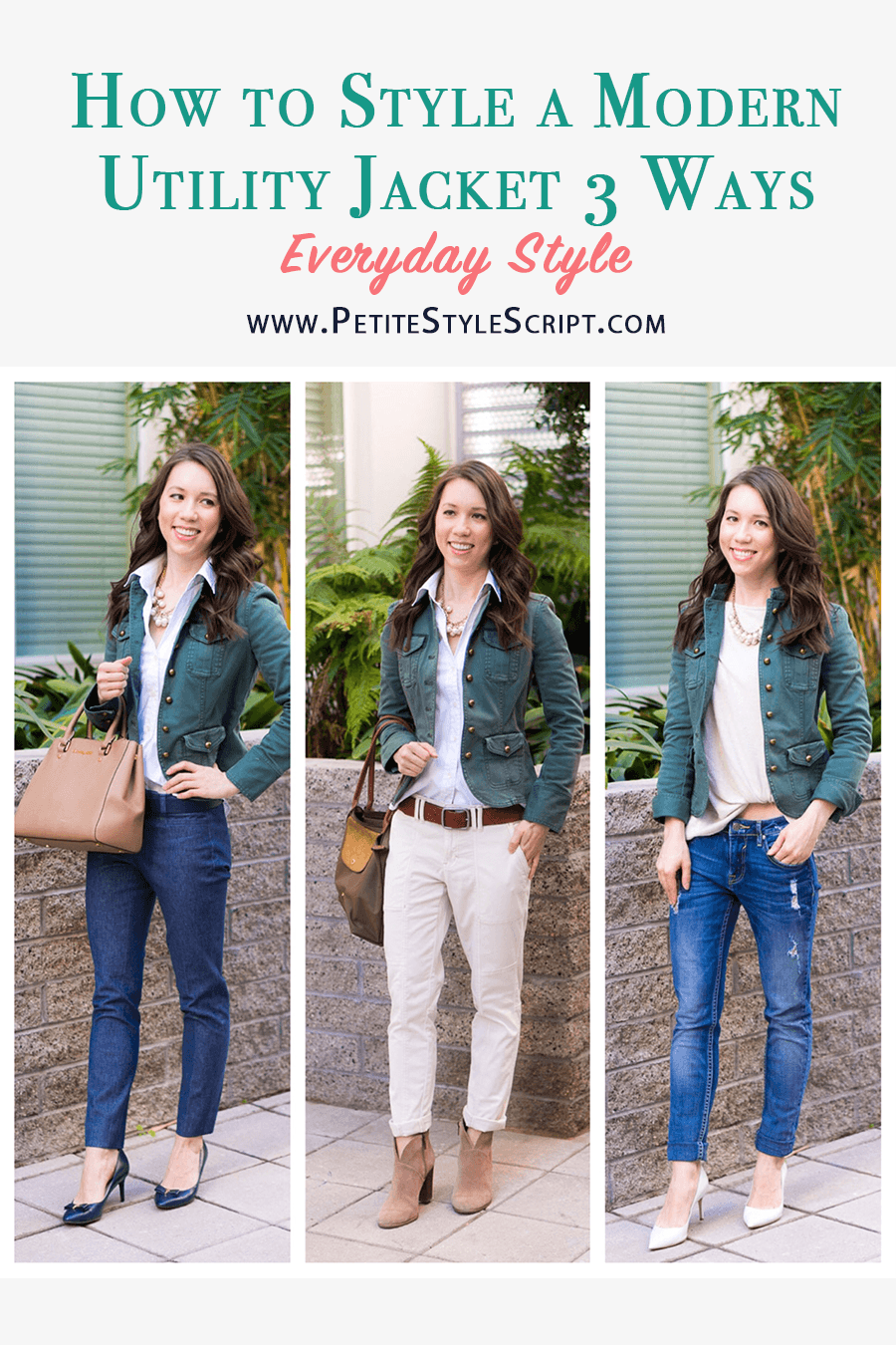 Learn how to style a modern utility jacket for work, weekend and date night! How to style a modern utility blazer | business casual outfit | casual outfit | date night outfit | petite fashion blog | style advice | spring outfit | white house black market whbm petite jacket | banana republic sloan pants | theory white shirt | gibson twist front fleece top | J. Crew Factory pearl necklace