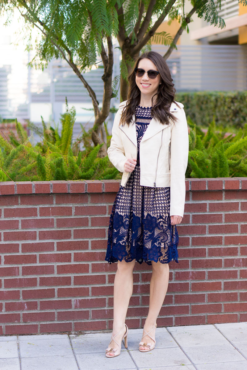 Ivory leather jacket, petite fashion, navy lace dress, ferragamo bow heels
