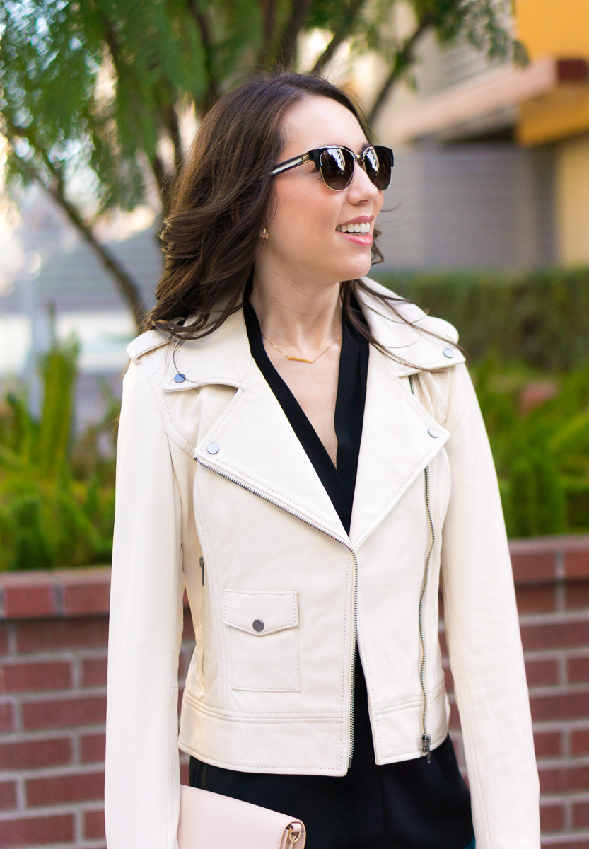 How to Style an Ivory Leather Jacket | Spring outfit inspiration | Date night inspiration | What to wear night out with girlfriends | Petite fashion blog | Petite style | Teal green jeans, black tank, ivory jacket | Aqua lace dress navy, ivory leather jacket Ferragamo bow heels