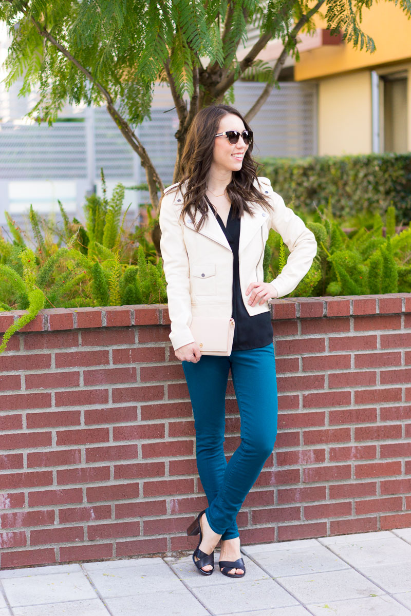 How to Style an Ivory Leather Jacket | Spring outfit inspiration | Date night inspiration | What to wear night out with girlfriends | Petite fashion blog | Petite style | Teal green jeans, black tank, ivory jacket | Aqua lace dress navy, ivory leather jacket Ferragamo bow heels