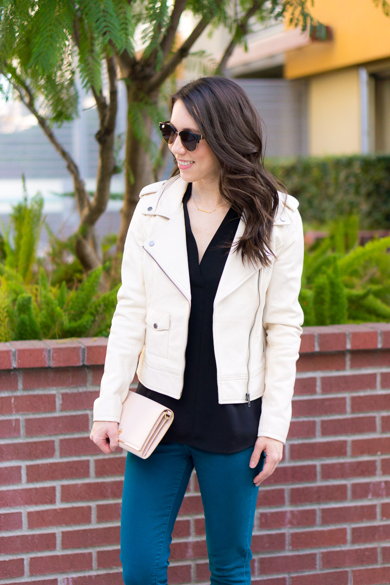 How to Style an Ivory Leather Jacket | Spring outfit inspiration | Date night inspiration | What to wear night out with girlfriends | Petite fashion blog | Petite style | Teal green jeans, black tank, ivory jacket | Aqua lace dress navy, ivory leather jacket Ferragamo bow heels