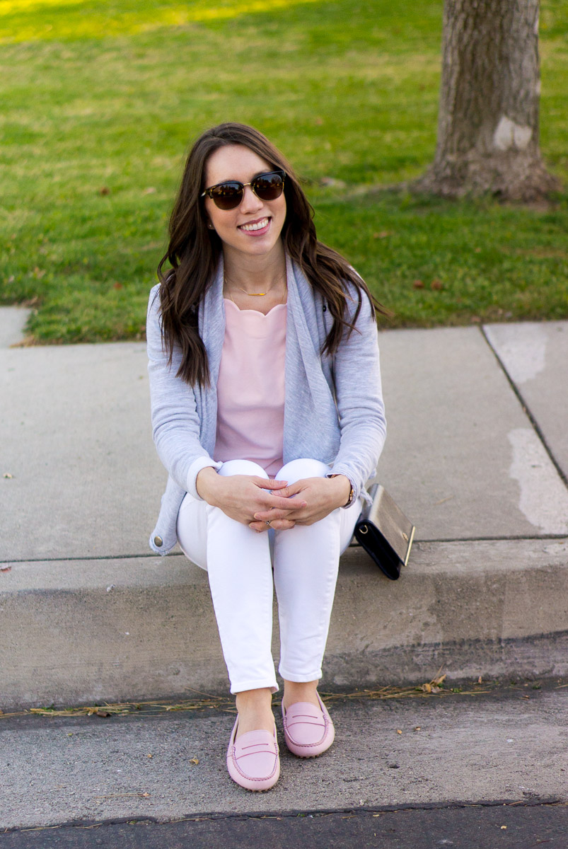 M. Gemi Review, Pastoso review, loafers, blush pink flats, moccasins, light gray, Felize loafers, white denim, scallop top, J. Crew Factory scallop cami, caslon jacket