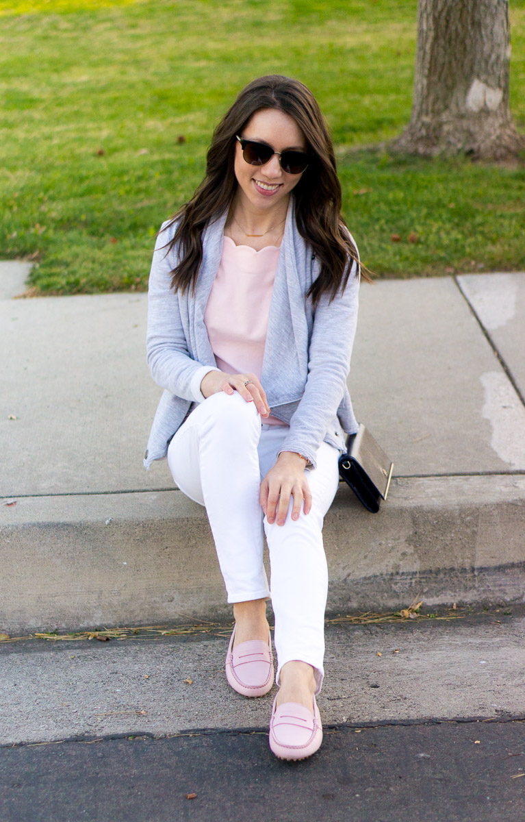 J. Crew Factory Scallop Camisole Top Review | scallop tank | scallop longsleeve tee | distressed denim | Caslon knit jacket | petite fashion and style blog | M. Gemi Pastoso review | M. Gemi Felize loafer moccasin flats review | Tory Burch polarized sunglasses | Daniel Wellington petite watch